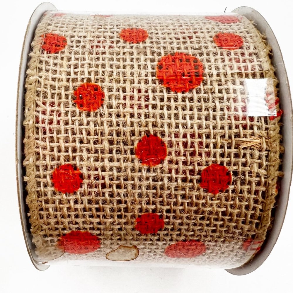 NEW Hobby Lobby Wired Ribbon Burlap and Orange Polka Dot 2.5"